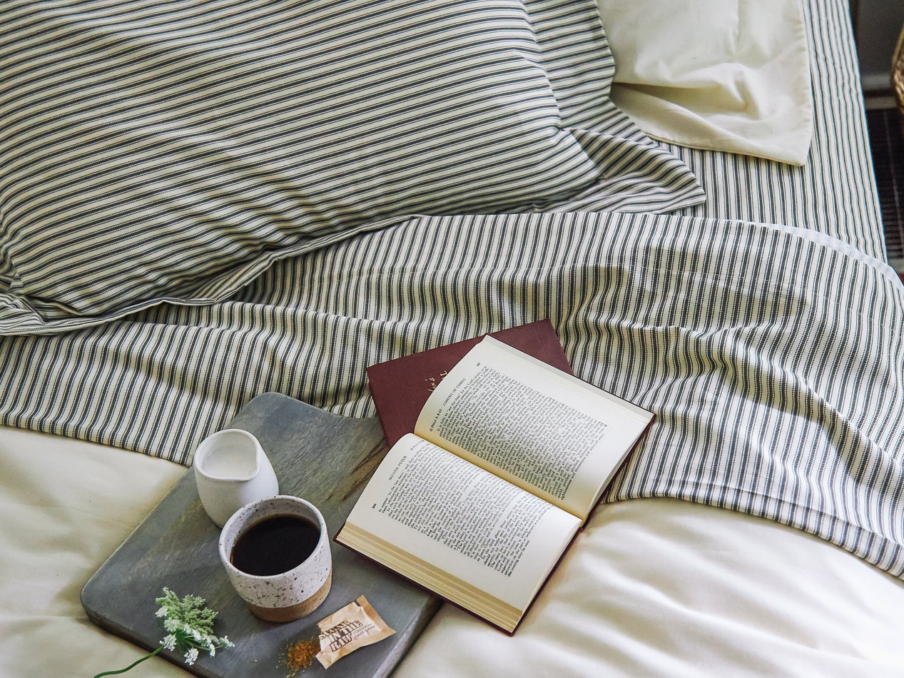 Ticking Stripe Single Flat Sheet - Charcoal Ticking Stripe
